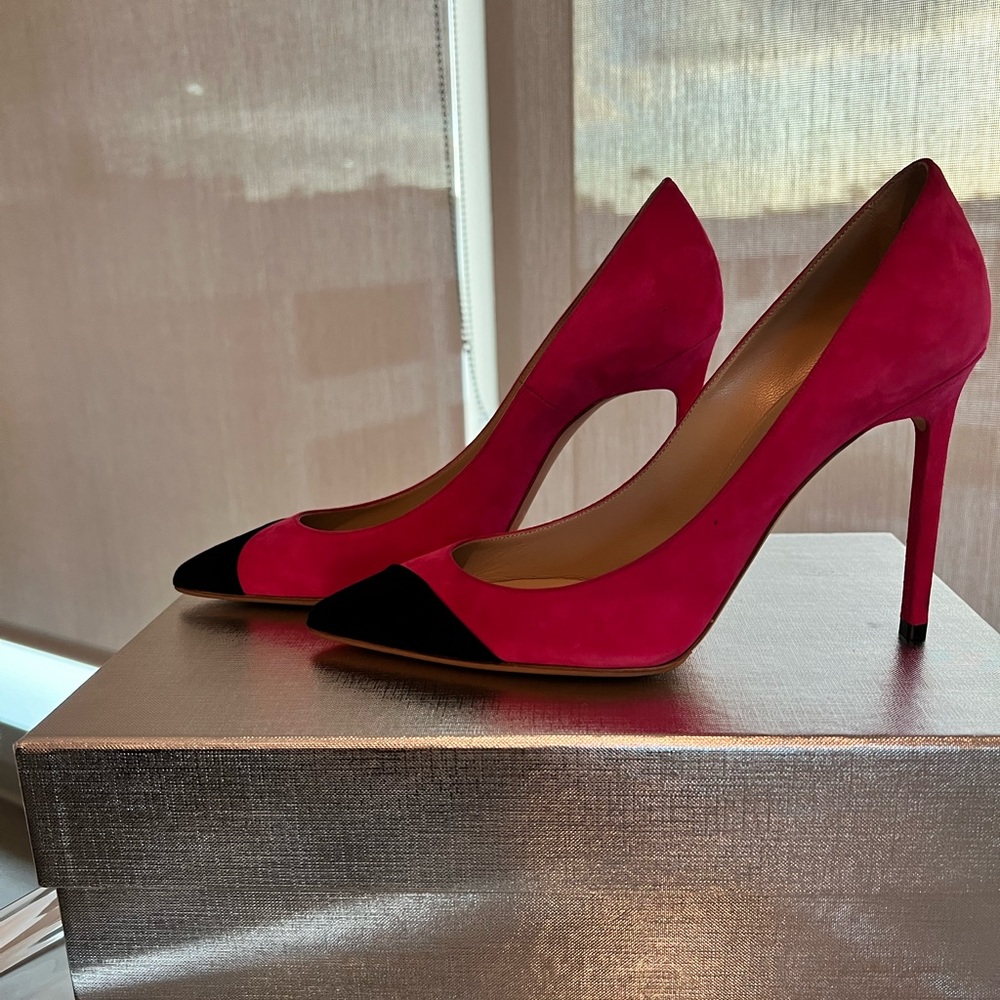 Saint Laurent Zoe Suede Heels in Pink & Black - 38.5 EU